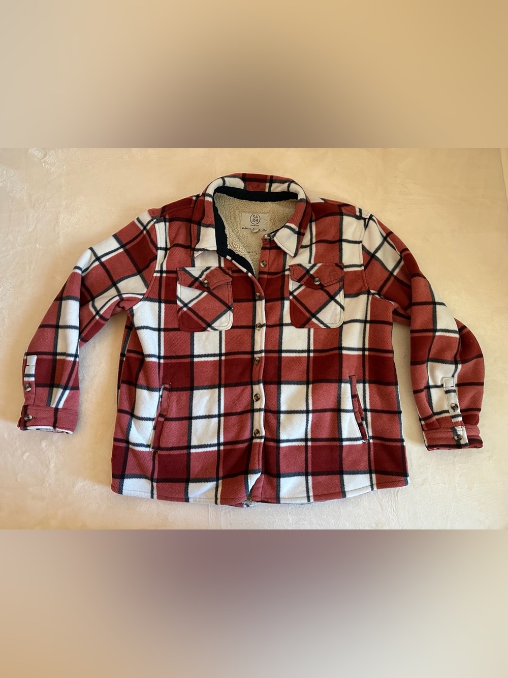 Sage Collective Red and White Plaid Sherpa-Lined Jacket